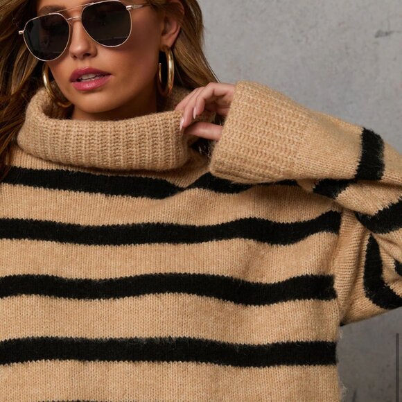 Vici Black and Tan Striped Turtleneck Sweater Dress - Picture 4 of 4